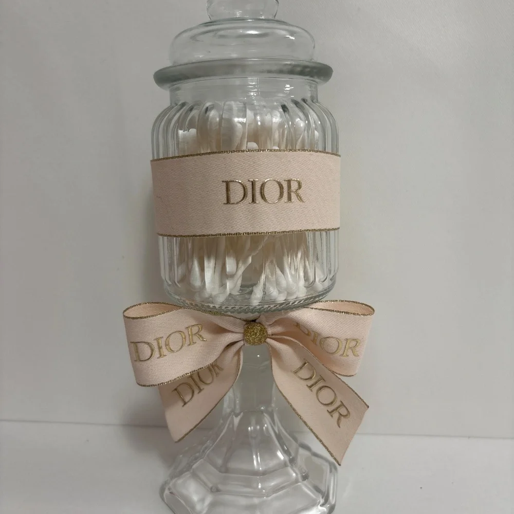 Dior Ribbon Jar Glass Container Clear Lid Covered